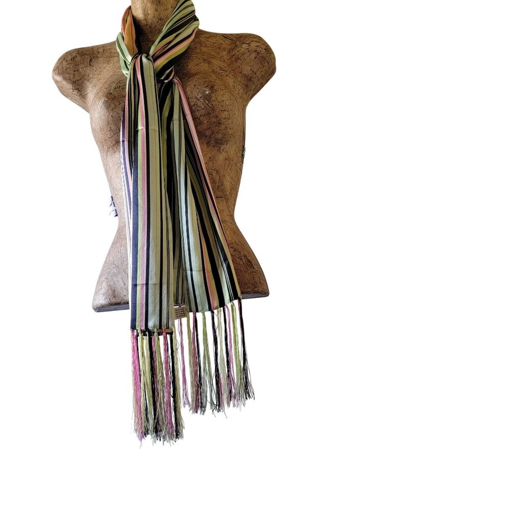 Striped 100% Silk Scarf With Fringe By Talbots Multicolor Stripes
